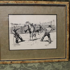 Drawing of Cowboys Taming a Wild Horse by LeRoy M.D.