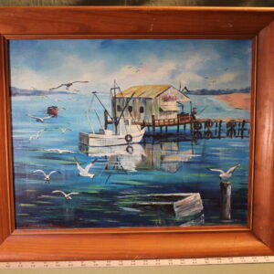 Painting of small boat at bait shop on pier