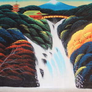 Asian Home at Top of Waterfall painted on silk